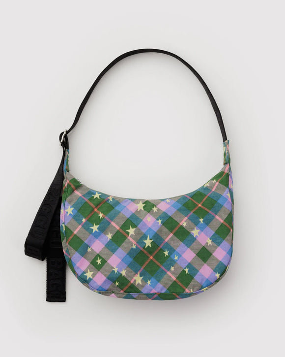 Baggu | Medium Nylon Crescent | Green Star Plaid