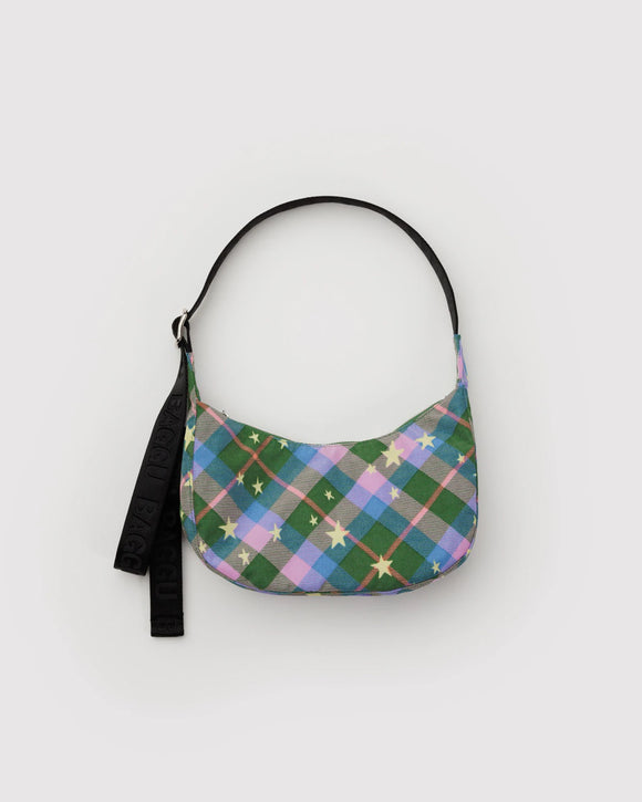 Baggu | Small Nylon Crescent Bag | Green Star Plaid