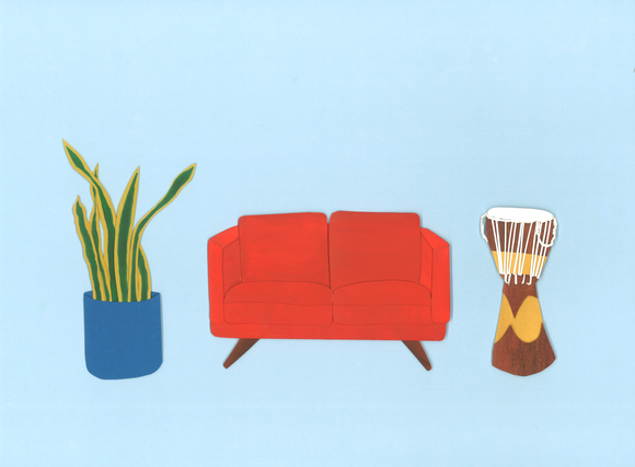 2. Couch, djembe, plant